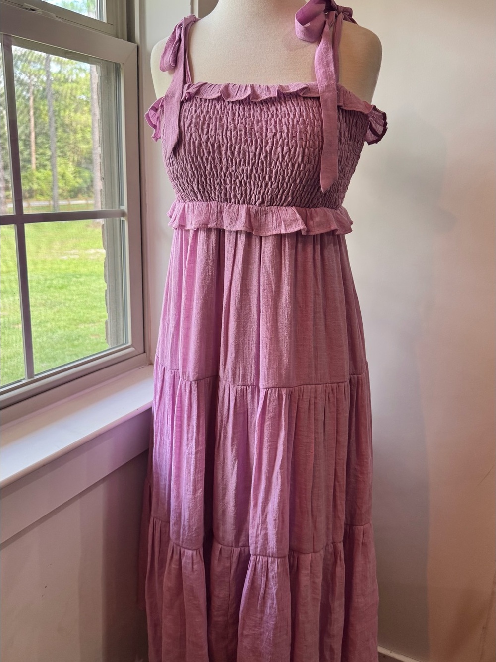 HYFVE Dusty Mauve Tie-Shoulder Smocked Tiered Maxi Dress